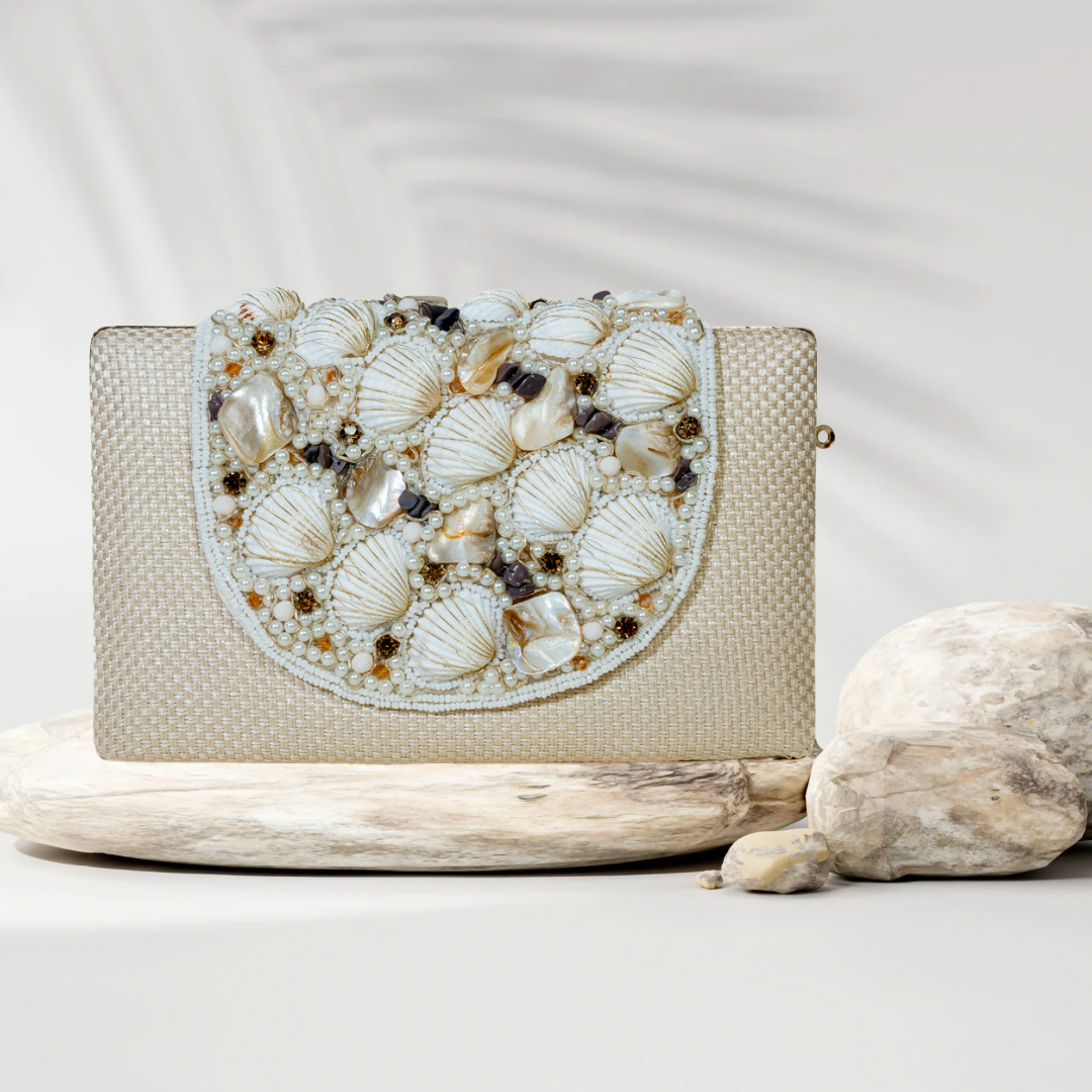 Seashell Symphony Cream Jute Box flap Clutch