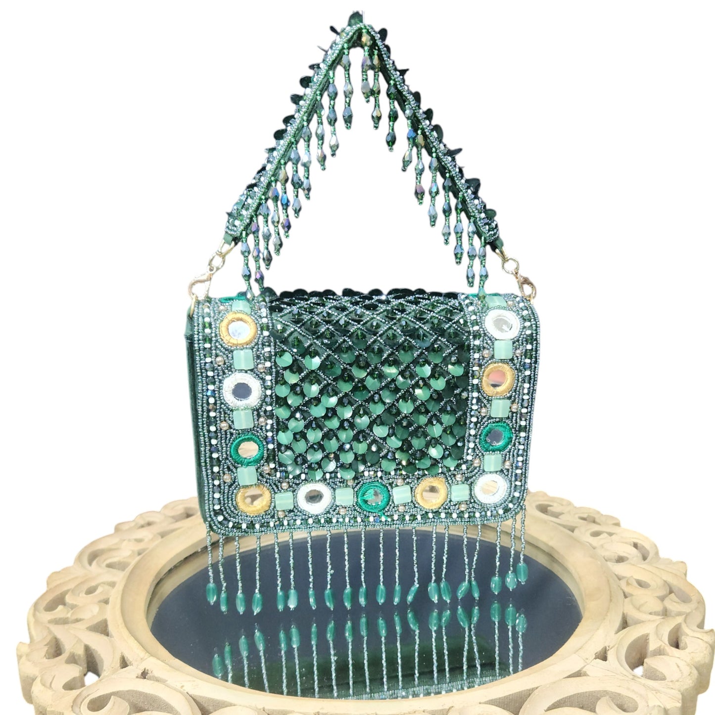 Raza Mirror Mosaic Green Flapover Box Bag