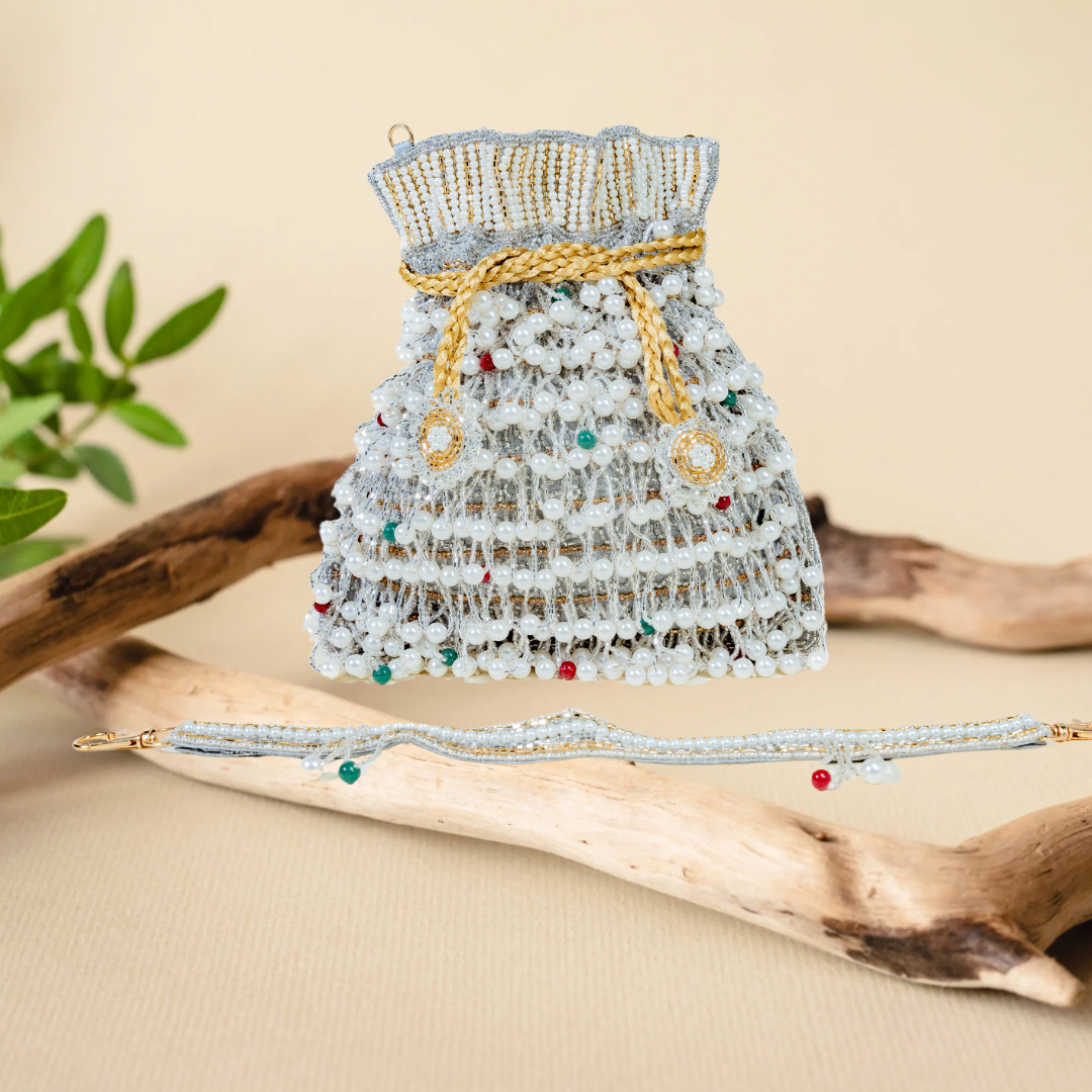 Beaded Tassel Silver Treasure Potli