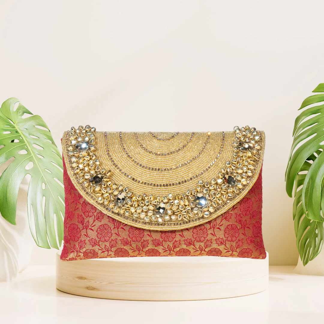 Ghunghroo Red Brocade Envelope Clutch