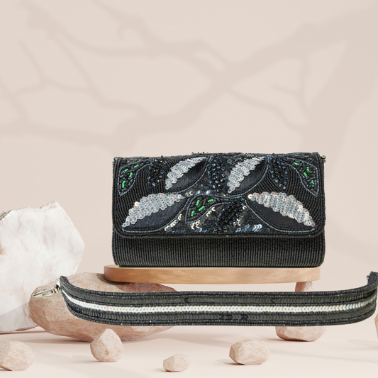 Garden Serenade Black FlapOver Clutch Bag