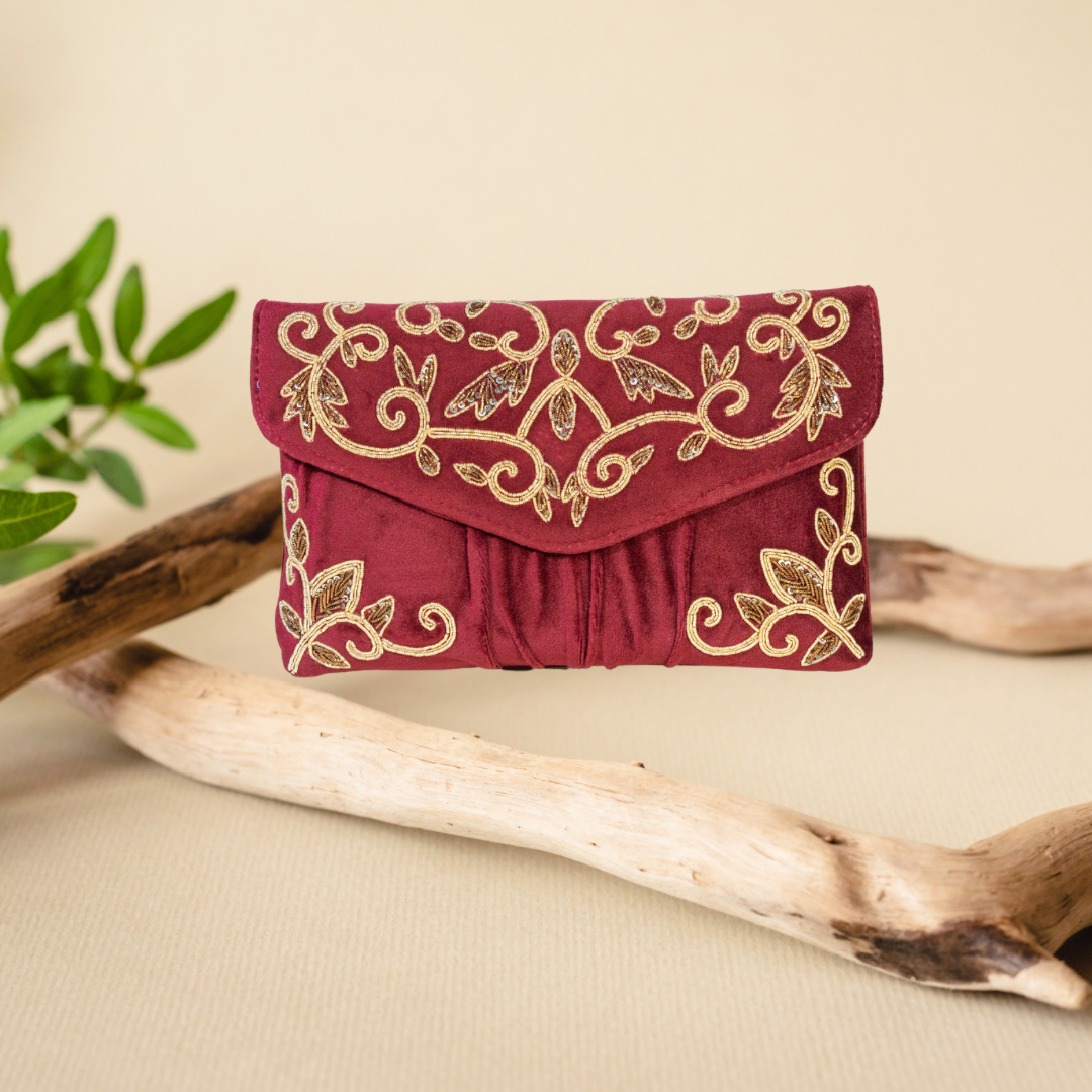 Golden Elegance Maroon Envelope Clutch