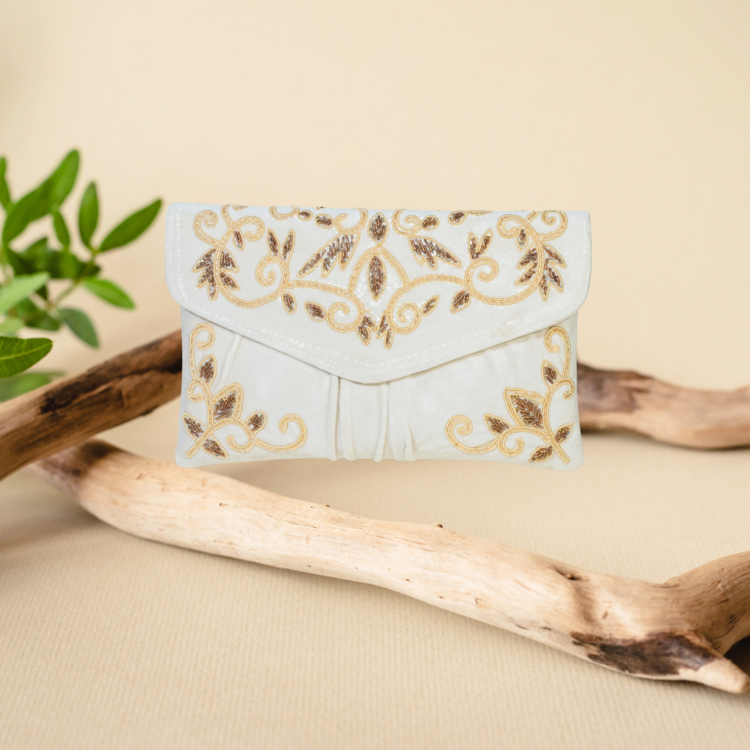 Golden Elegance Ivory Envelope Clutch.