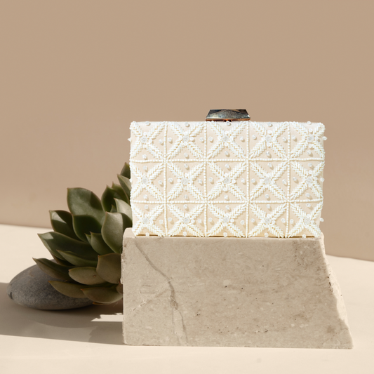 Stellar Ivory Bugle Beads Box Clutch