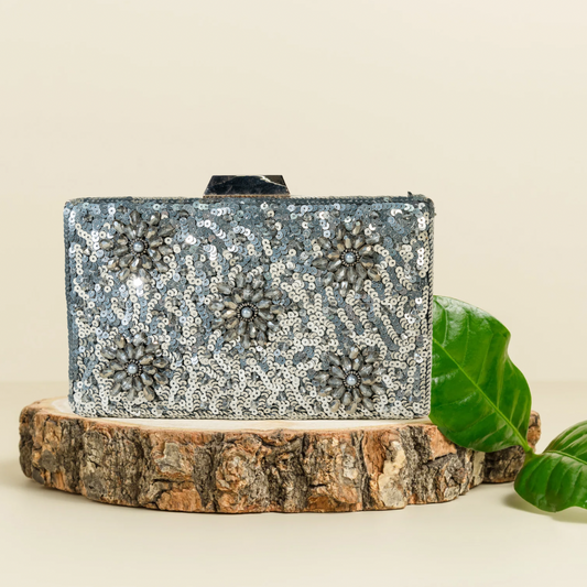 Celestial Blossom Metallic Grey Box Clutch