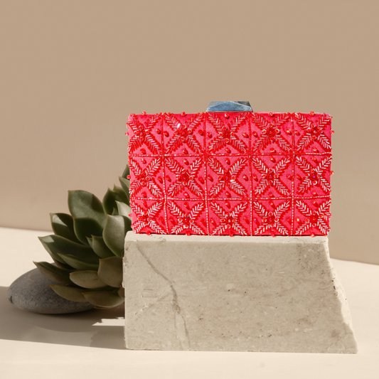 Stellar Red Bugle Beads Box Clutch