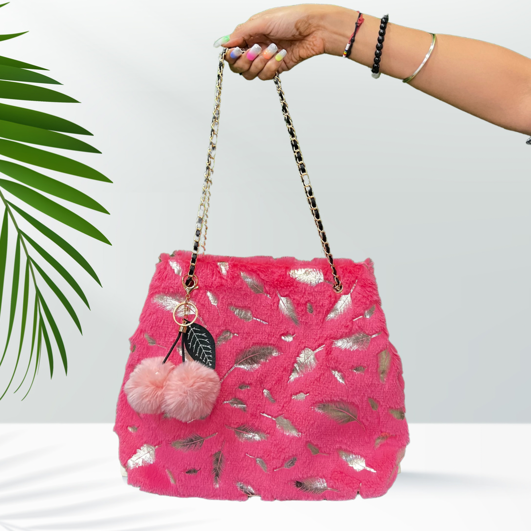 Plush Neon Pink Feather Tote Bag