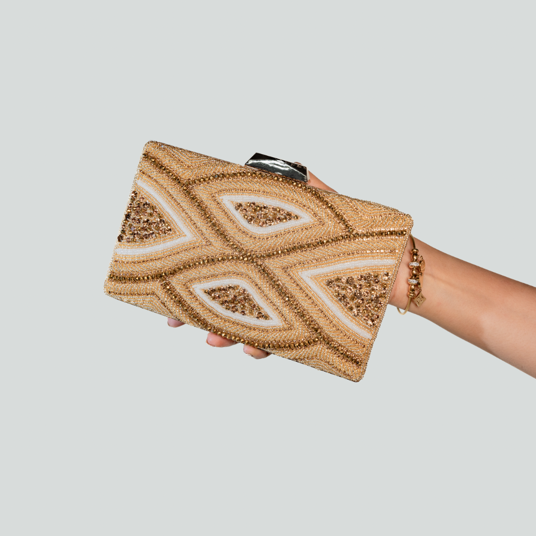 Radiant Reverie Gold Beaded Box Clutch