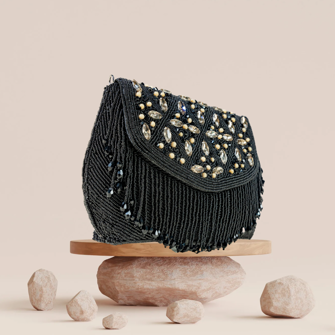 Sleek Black Rhombus Seed Bead FlapOver Clutch Bag