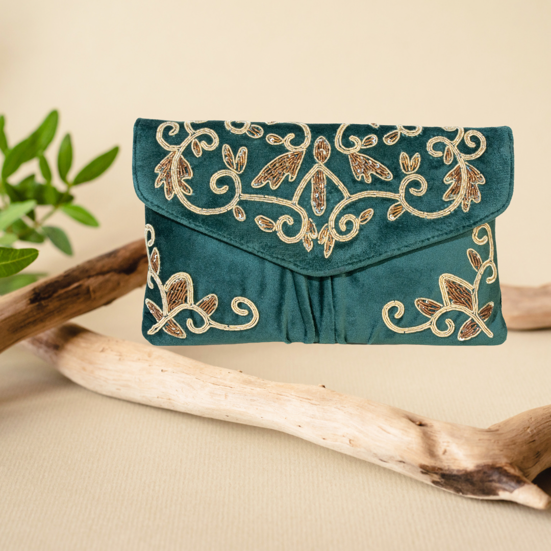 Golden Elegance Bottle Green Envelope Clutch