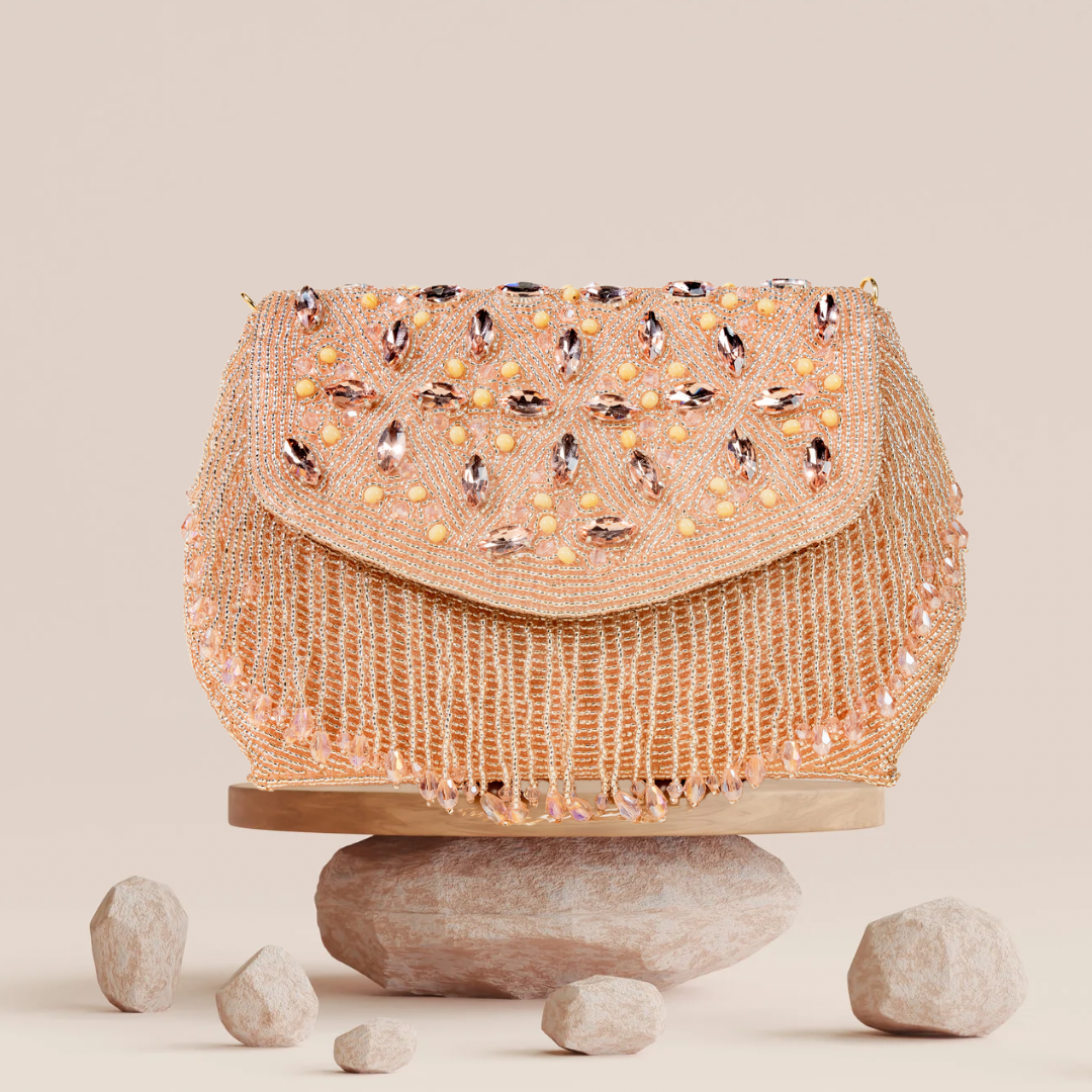 Sleek RoseGold Rhombus Seed Bead FlapOver Clutch Bag