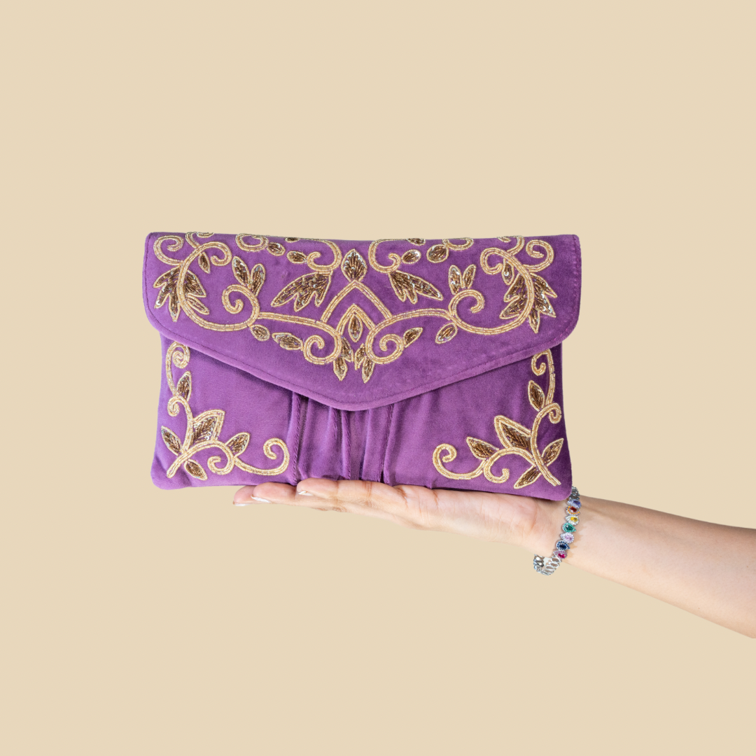 Golden Elegance Purple Envelope Clutch