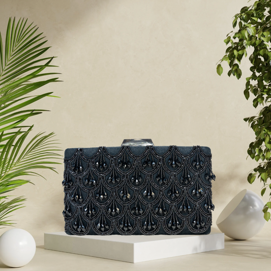 Fanfare Tasseled Black Box Clutch