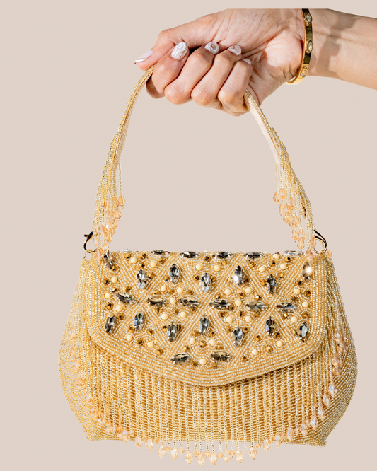 Sleek Gold Rhombus Seed Bead Flap Bag