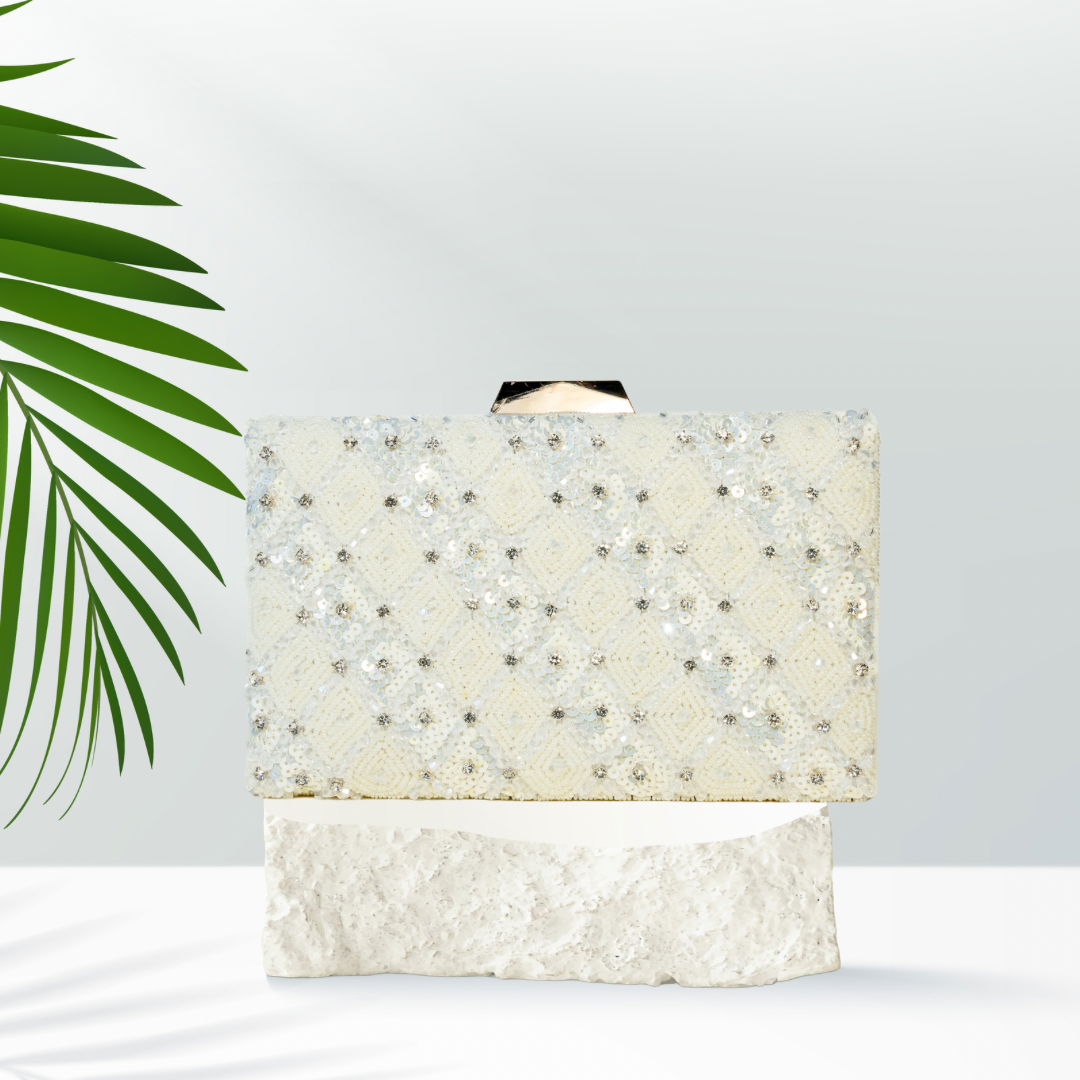 Crysta Sequins Ivory Box Clutch