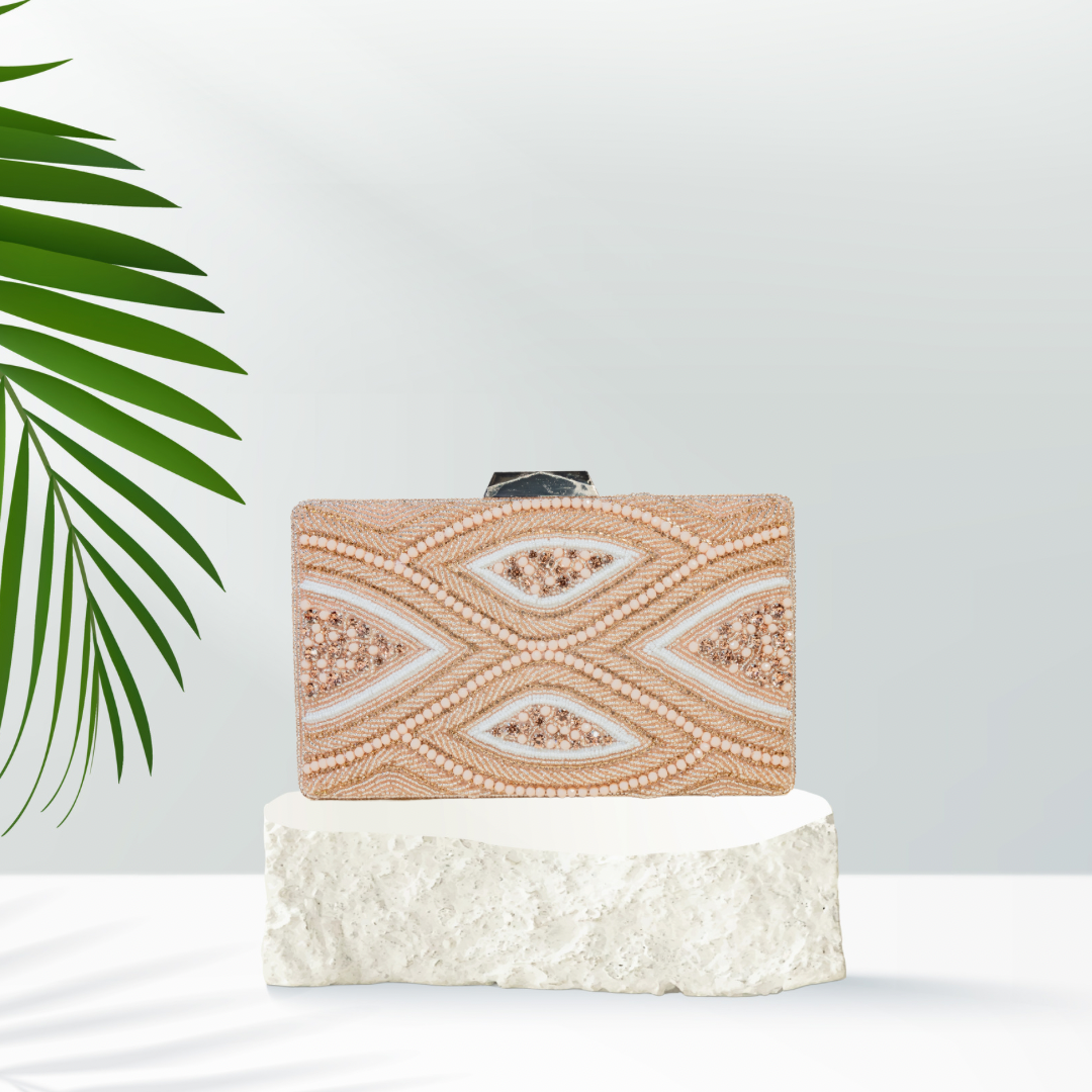 Radiant Reverie Rose Gold Beaded Box Clutch.