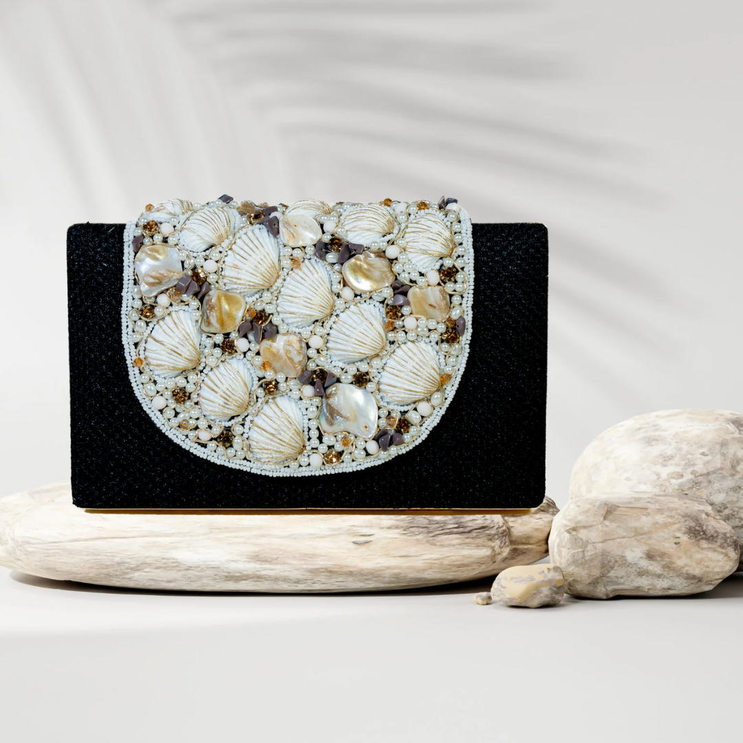 Seashell Symphony Black Jute Box flap Clutch