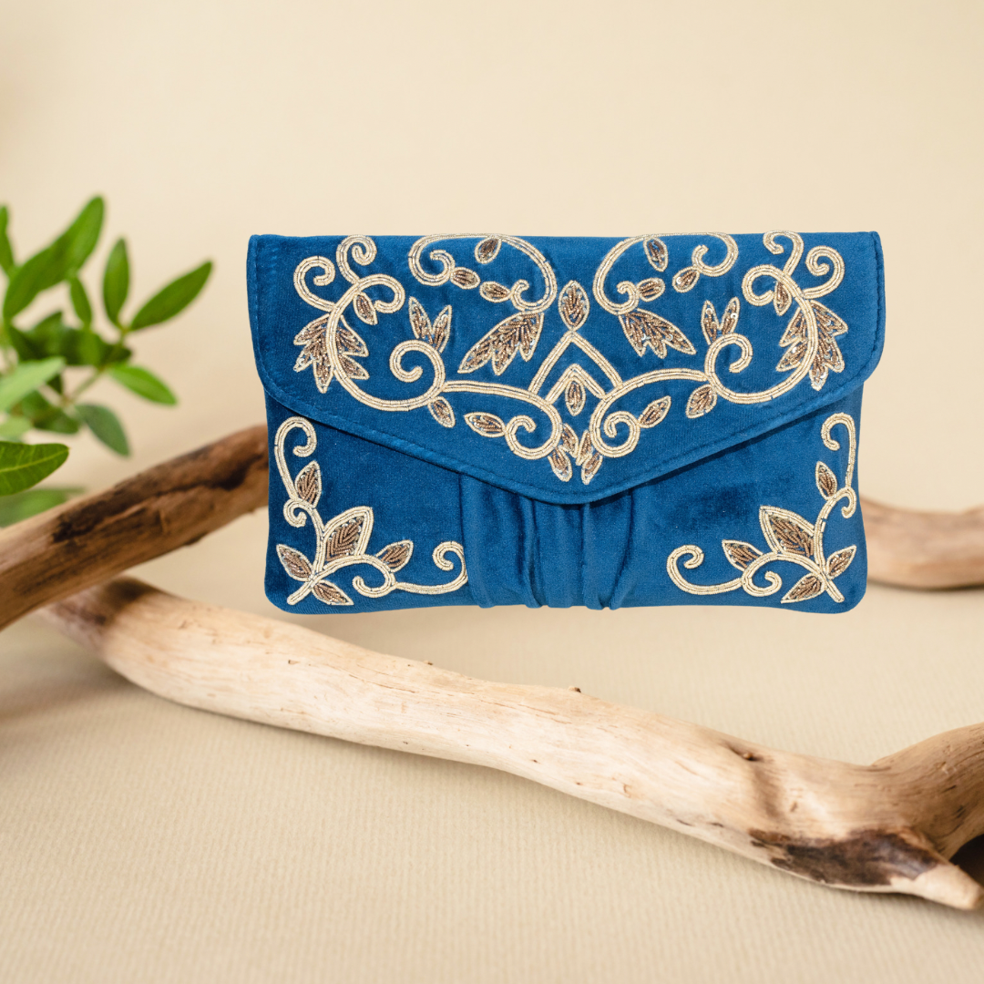 Golden Elegance Peacock Blue Envelope Clutch