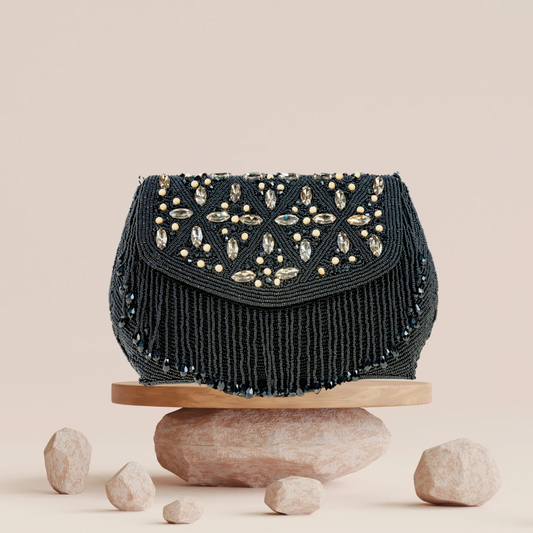 Sleek Black Rhombus Seed Bead FlapOver Clutch Bag