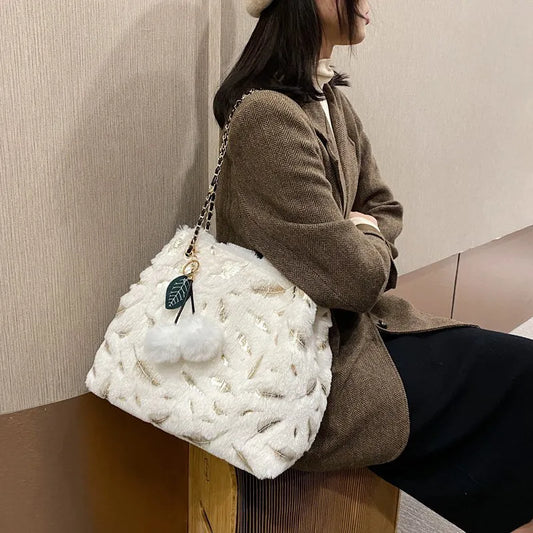 Plush White Feather Tote Bag