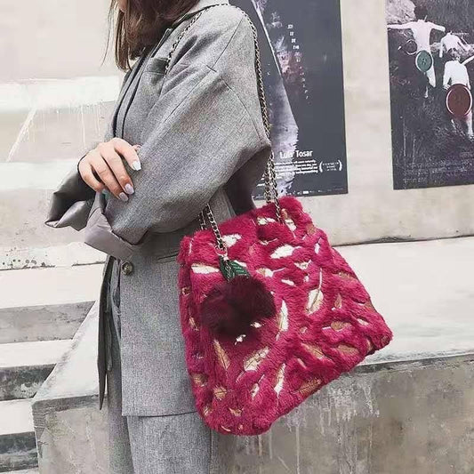 Plush Cherry Feather Tote Bag