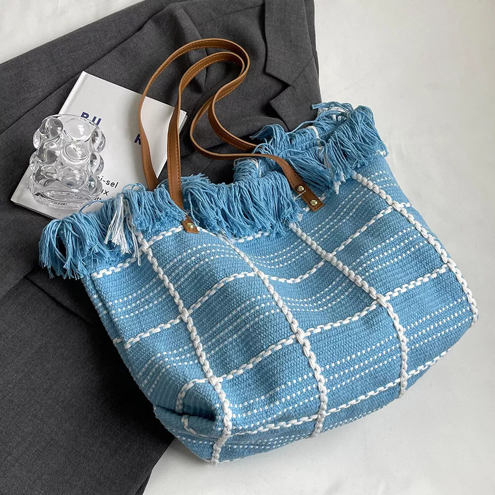 Check-Mate Chic Blue Jute Tote Bag