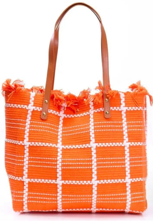 Check-Mate Chic Orange Jute Tote Bag