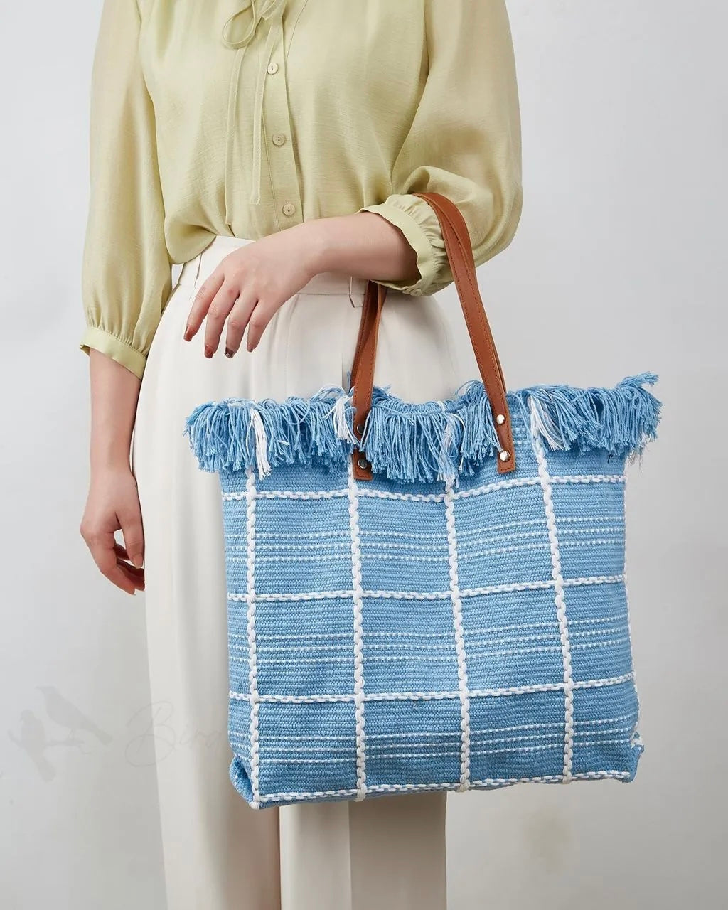 Check-Mate Chic Blue Jute Tote Bag