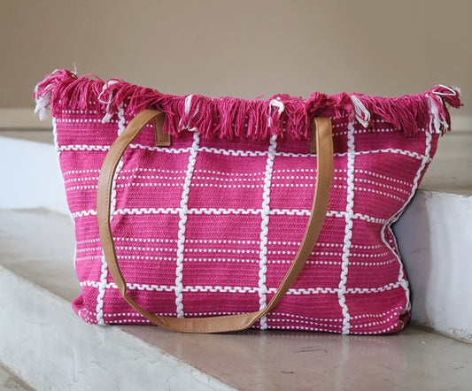 Check-Mate Chic Hot Pink Jute Tote Bag