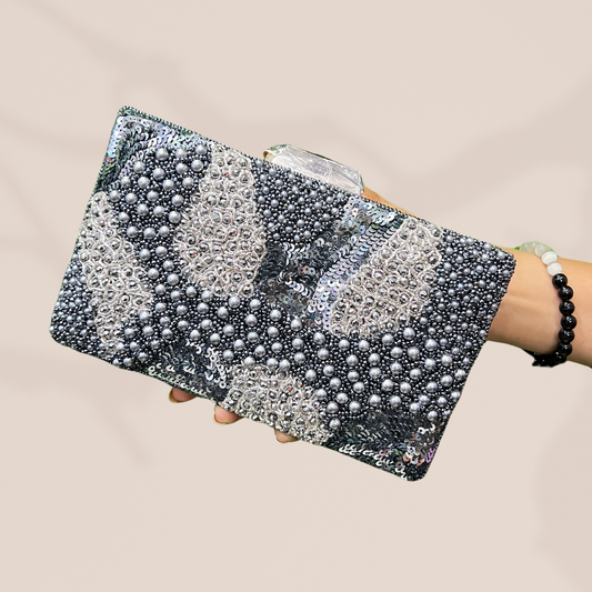 Luminous Grace Metallic Grey Box Clutch