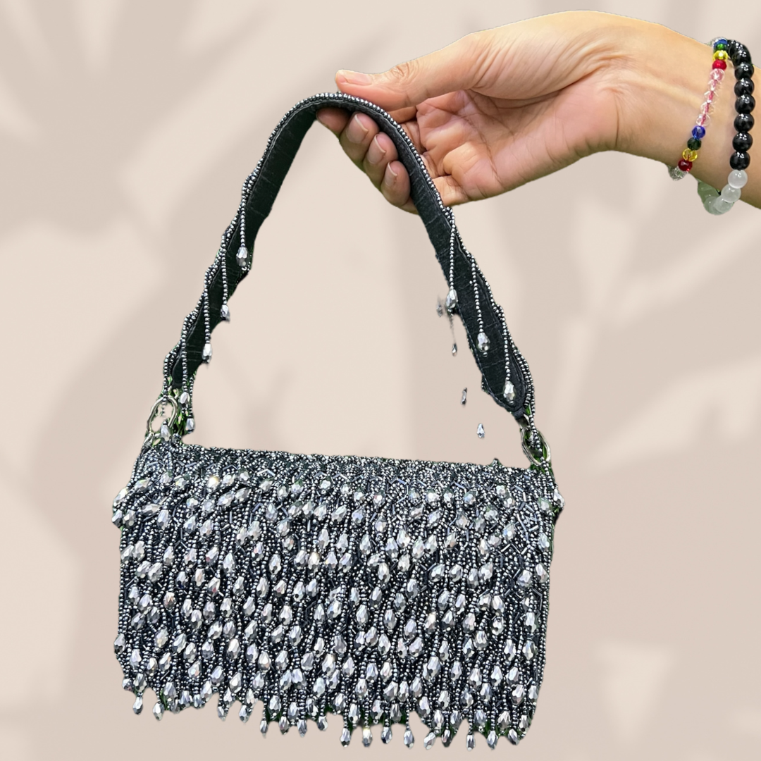 Reverie Beaded Metallic Grey FlapOver Clutch Bag