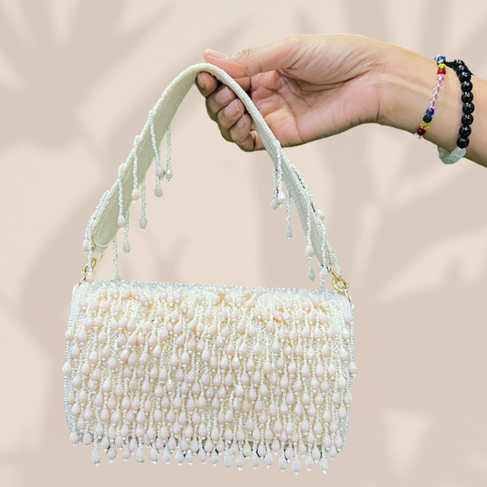 Reverie Beaded Cream FlapOver Clutch Bag