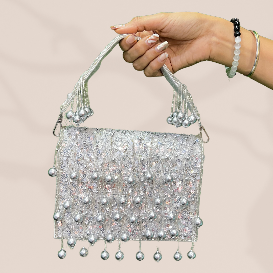 Pearl Radiance Silver Flap Box Bag