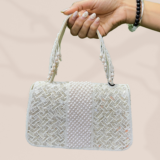 Criss-Cross Cream Crystal Flapover Clutch