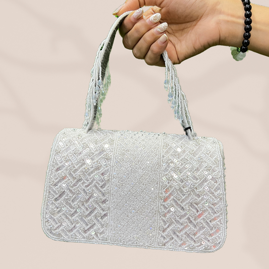 Criss-Cross Ivory Crystal Flapover Clutch