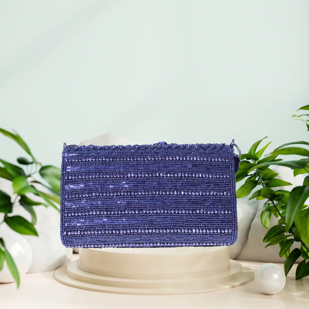 Reverie Beaded Metallic Grey FlapOver Clutch Bag