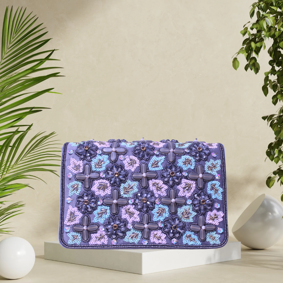 Whimsical Bloom Grey FlapOver Clutch Bag