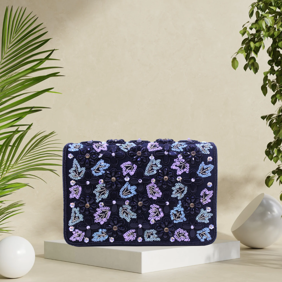 Whimsical Bloom Black FlapOver Clutch Bag