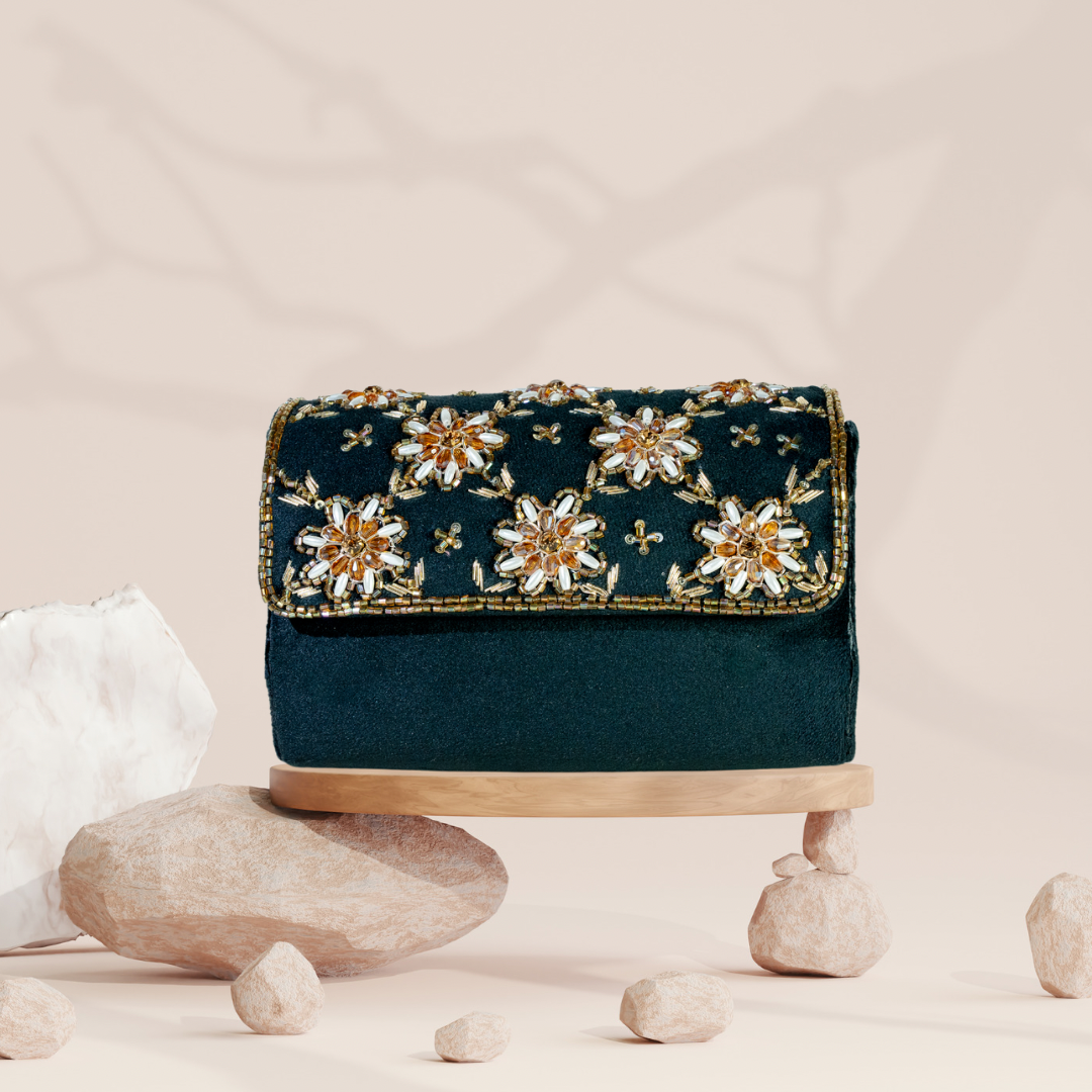 Crystal Blossom Black Velvet FlapOver Clutch Bag