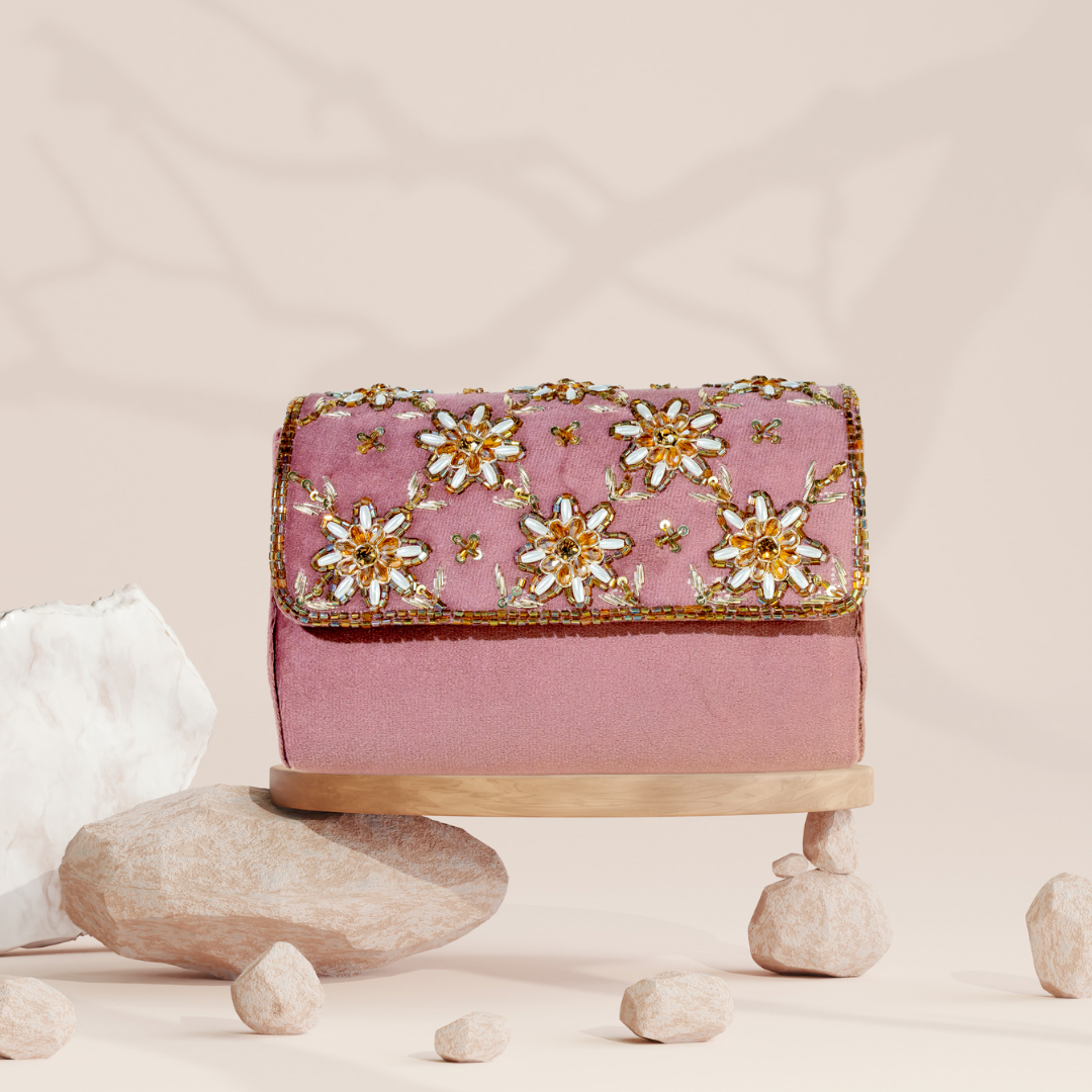 Crystal Blossom Peach Velvet FlapOver Clutch Bag