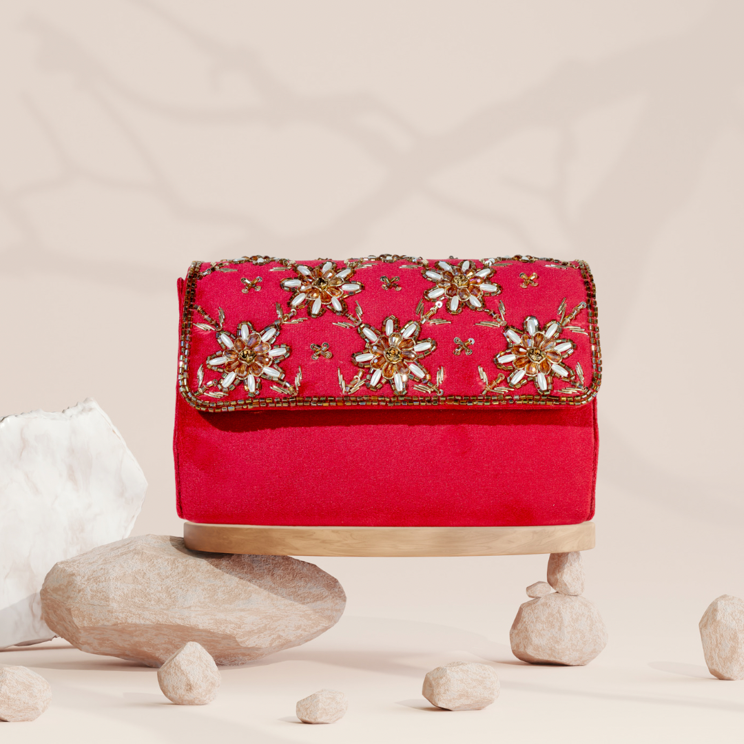 Crystal Blossom Red Velvet FlapOver Clutch Bag