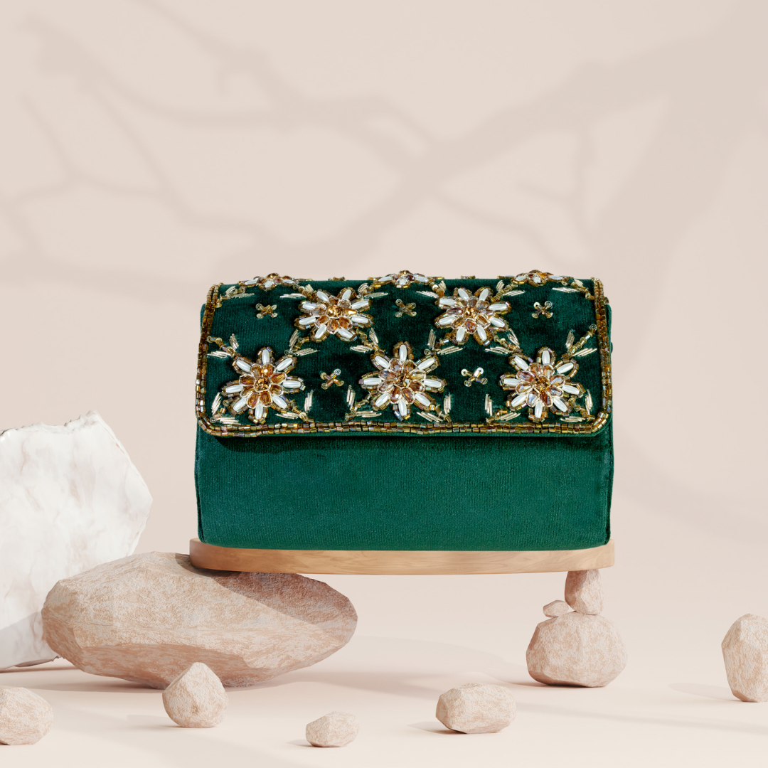 Crystal Blossom Bottle Green Velvet FlapOver Clutch Bag