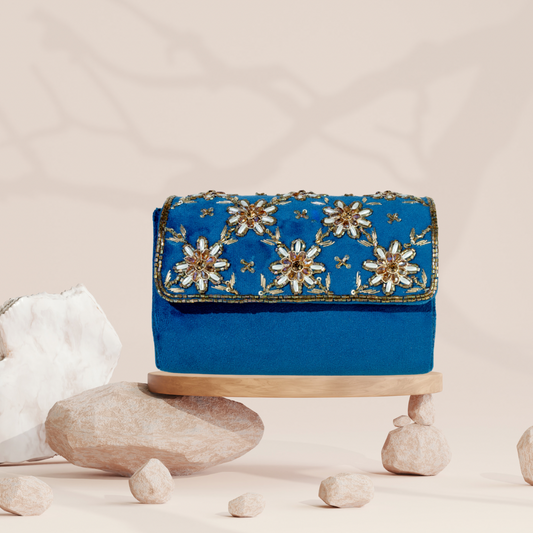 Crystal Blossom Blue Velvet FlapOver Clutch Bag