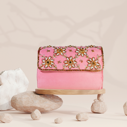 Crystal Blossom Pink Velvet FlapOver Clutch Bag