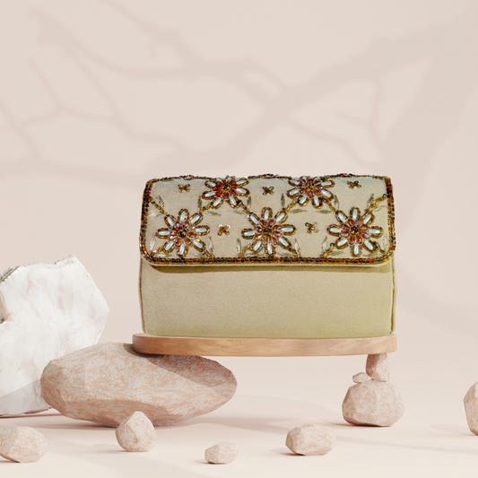 Crystal Blossom Gold Velvet FlapOver Clutch Bag