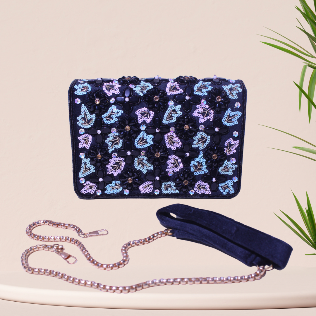 Whimsical Bloom Black FlapOver Clutch Bag