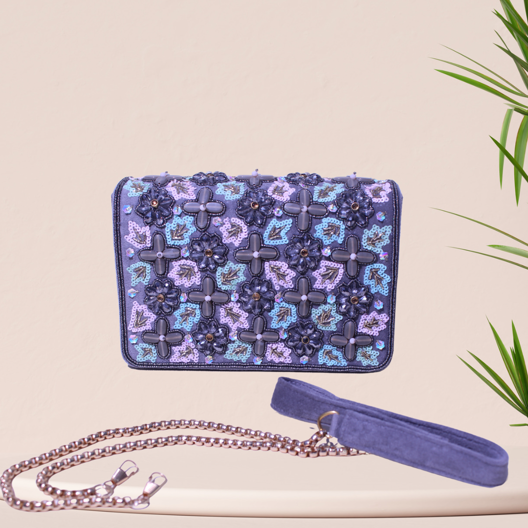 Whimsical Bloom Grey FlapOver Clutch Bag