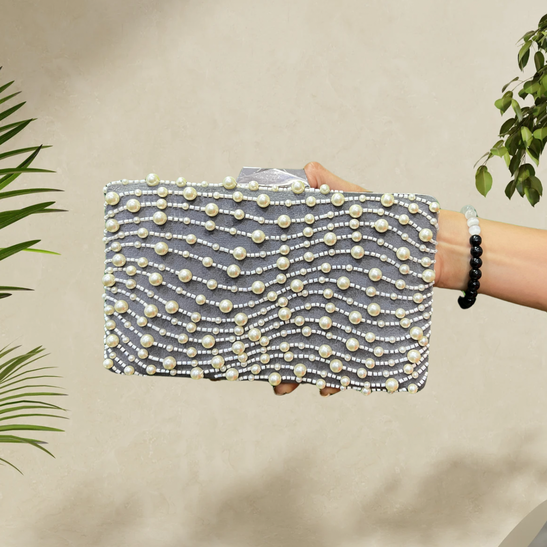 Curvy Pearl Elegance Grey Box Clutch