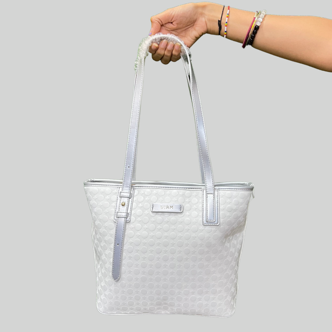 Flower Embossed White Tote Bag