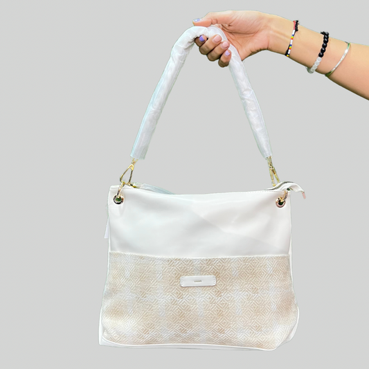 Woven Jacquard Charm Beige Soft Tote Bag